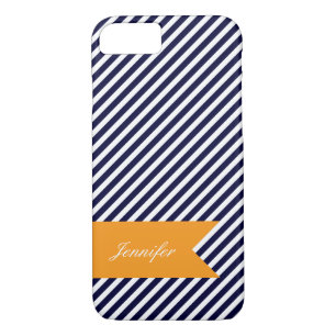 Navy Blue & White Stripes w Monogram iPhone 7 Case