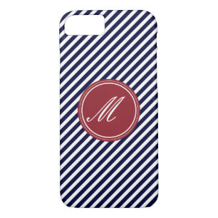 Navy Blue & White Stripes w Monogram iPhone 7 Case