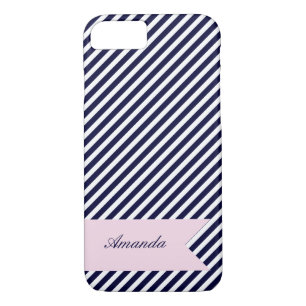 Navy Blue & White Stripes w Monogram iPhone 7 Case