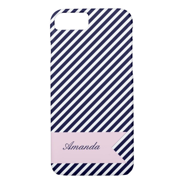 Navy Blue & White Stripes w Monogram iPhone 7 Case (Back)