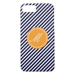 Navy Blue & White Stripes w Monogram iPhone 7 Case