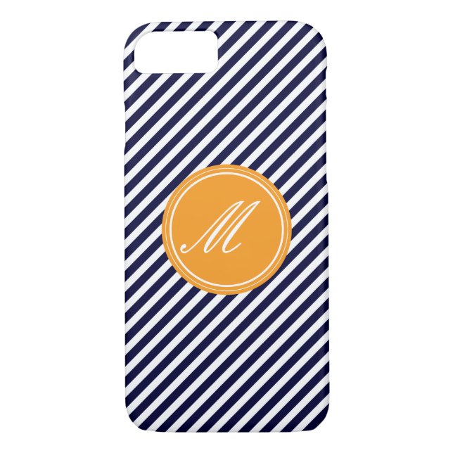 Navy Blue & White Stripes w Monogram iPhone 7 Case (Back)