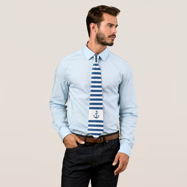 Navy-Blue & white stripes with nautical anchor Tie (In Situ)