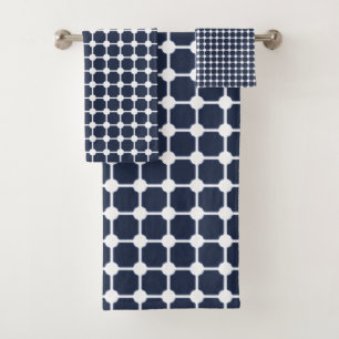Navy Blue & White Stylish Modern Geometric Pattern Bath Towel Set