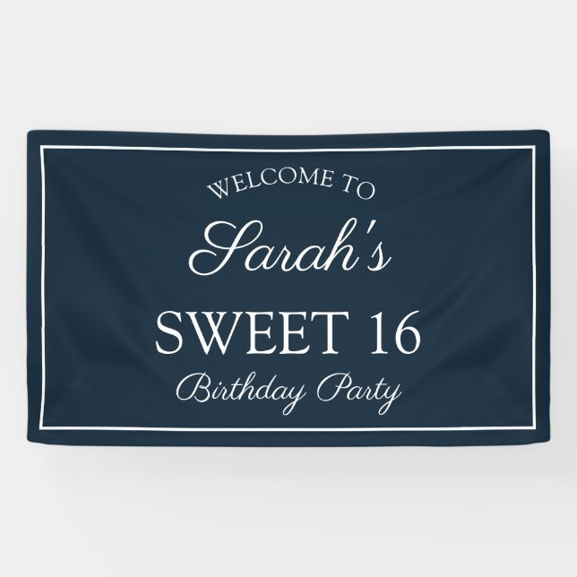 Navy Blue White Sweet 16 Birthday Party Banner (Horizontal)
