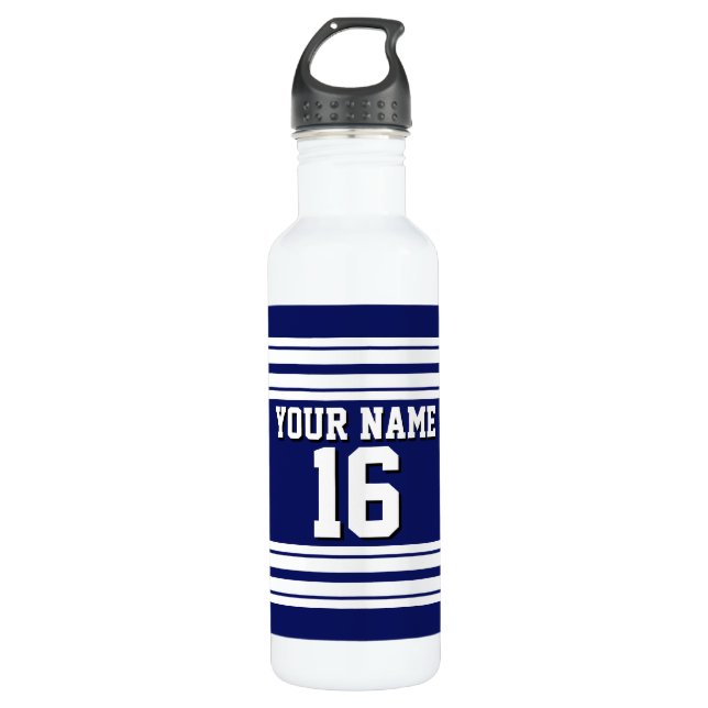 Navy Blue White Team Jersey Custom Number Name 710 Ml Water Bottle (Front)