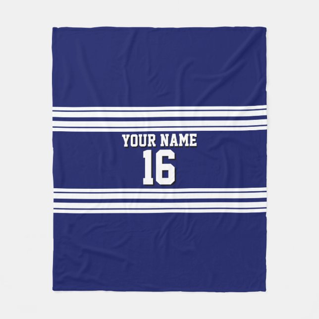 Navy Blue White Team Jersey Custom Number Name Fleece Blanket (Front)