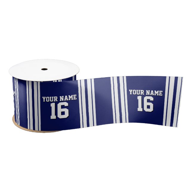 Navy Blue White Team Jersey Custom Number Name Satin Ribbon (Spool)