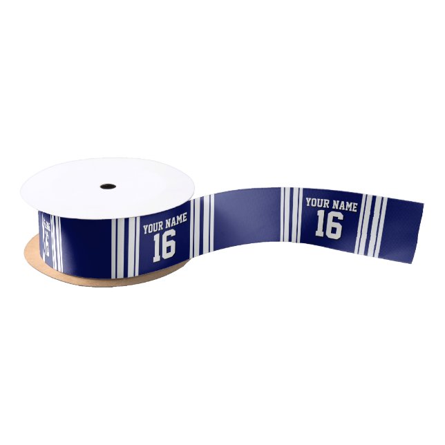 Navy Blue White Team Jersey Custom Number Name Satin Ribbon (Spool)