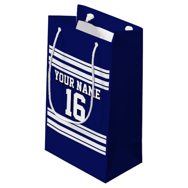 Navy Blue White Team Jersey Custom Number Name Small Gift Bag (Back Angled)