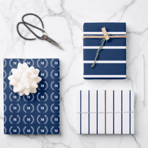 Navy Blue White Thin Stripes Initial Monogram  Wrapping Paper Sheet
