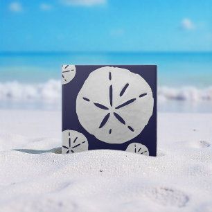 Navy Blue & White Tropical Beach Sand Dollar Ceramic Tile