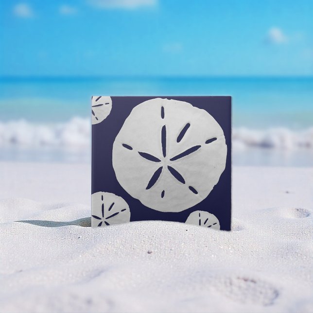 Navy Blue & White Tropical Beach Sand Dollar Ceramic Tile (Creator Uploaded)