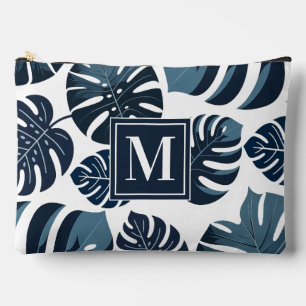 Navy Blue & White Tropical Monstera Leaf  Accessory Pouch