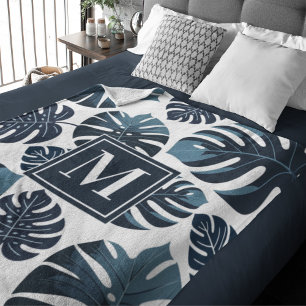 Navy Blue & White Tropical Monstera Leaf Fleece Blanket