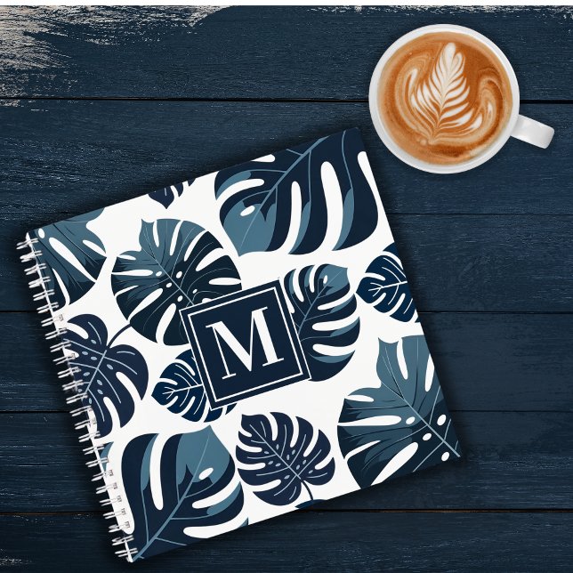 Navy Blue & White Tropical Monstera Leaf  Notebook (Creator Uploaded)