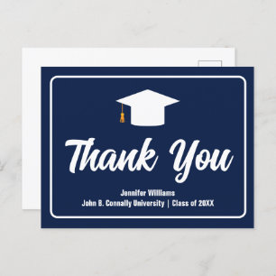 Navy Blue White Typography Graduation Thank You Postcard