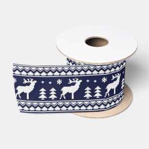 Navy Blue White Ugly Christmas Sweater Pattern Satin Ribbon
