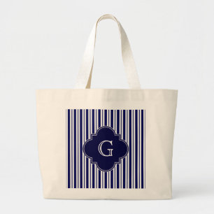 Navy Blue White Uneven Stripes Navy Monogram Label Large Tote Bag