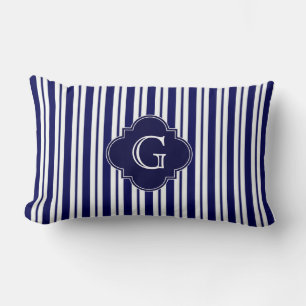 Navy Blue White Uneven Stripes Navy Monogram Label Lumbar Cushion