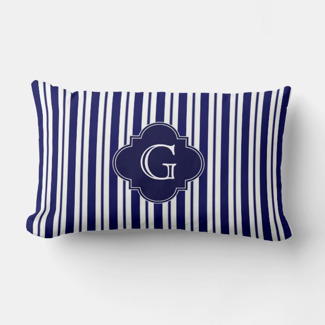 Navy Blue White Uneven Stripes Navy Monogram Label Lumbar Cushion (Front)