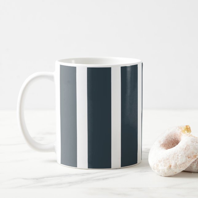 Navy Blue White Vertical Stripes Pattern Coffee Mug (With Donut)