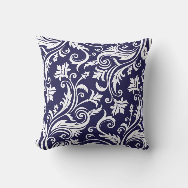 Navy Blue White Vintage Damask Pattern Cushion (Front)
