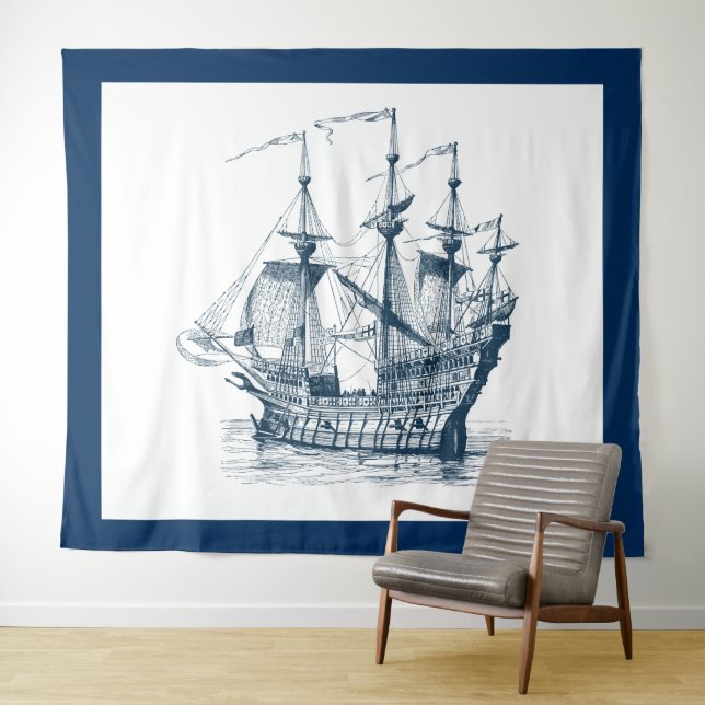 Navy-blue & white vintage wind-sailing boat tapestry (In Situ (Horizontal))