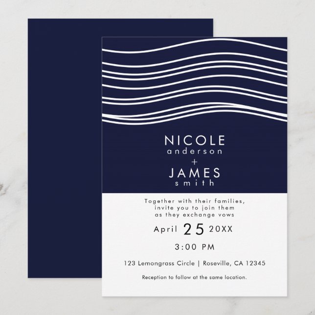 Navy Blue & White Wave Modern Wedding Invitation (Front/Back)