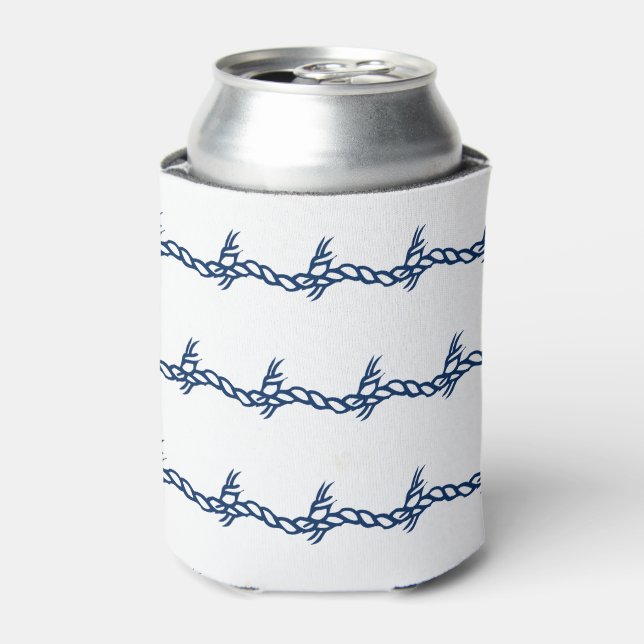 Navy Blue white waves nautical rope pattern Can Co Cooler (Can Front)