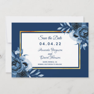 Navy blue white wedding floral gold Save the Date Announcement