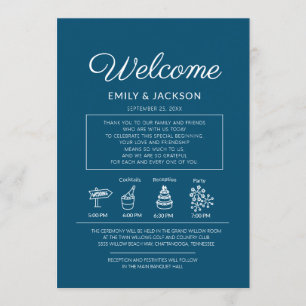 Navy Blue White Wedding Itinerary Welcome Invitation