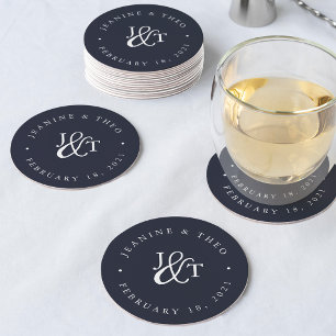 Navy Blue & White Wedding Monogram Round Paper Coaster