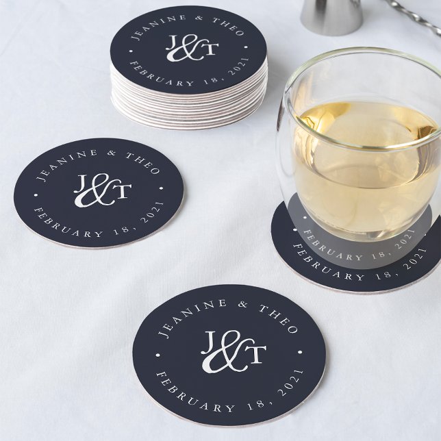 Navy Blue & White Wedding Monogram Round Paper Coaster (Creator Uploaded)