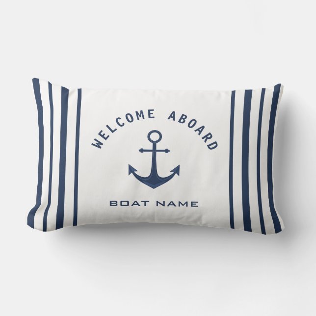 Navy Blue White Welcome Aboard Boat Name Anchor Lumbar Cushion (Front)