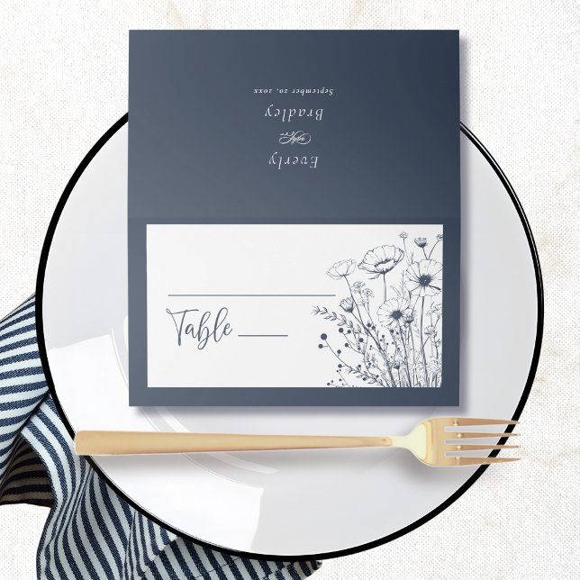 Navy Blue White Wildflower Floral Minimal Bold Place Card (Creator Uploaded)