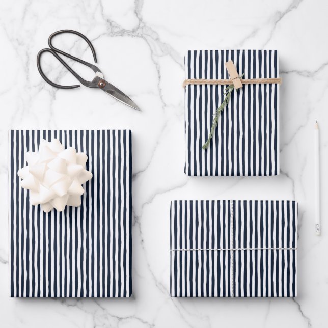 Navy Blue & White Wonky Stripes Wrapping Paper Sheet (Front)