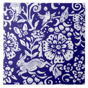 Navy Blue White Woodland MURAL Rabbit Bottom L Ceramic Tile