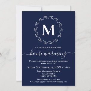 Navy Blue White Wreath Monogram House Warming Announcement