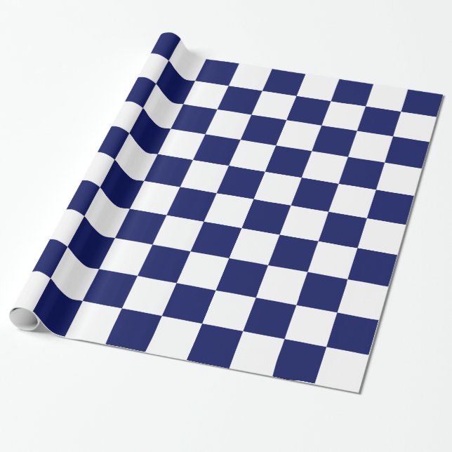 Navy Blue White XL Chequered Board Pattern Wrapping Paper (Unrolled)
