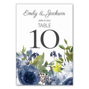 Navy Blue White Yellow Floral Wedding Table Number