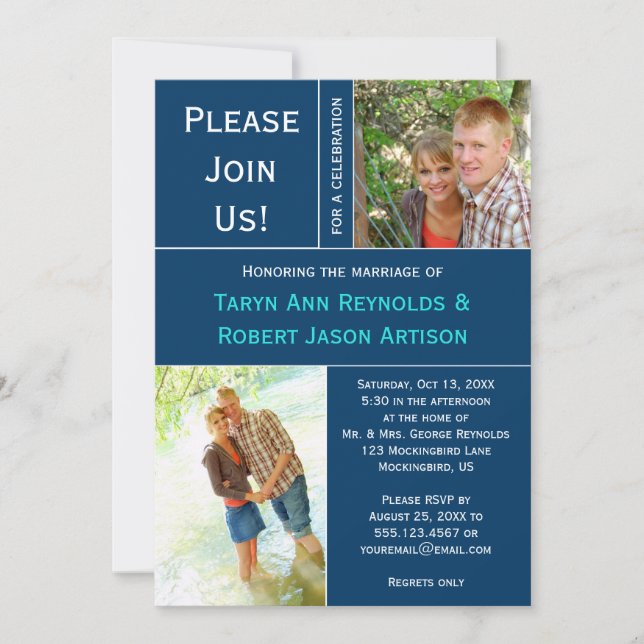 Navy Blue WhitePhoto Block Post Wedding Invitation (Front)