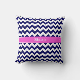 Navy Blue Wht Chevron Hot Pink Name Monogram Cushion