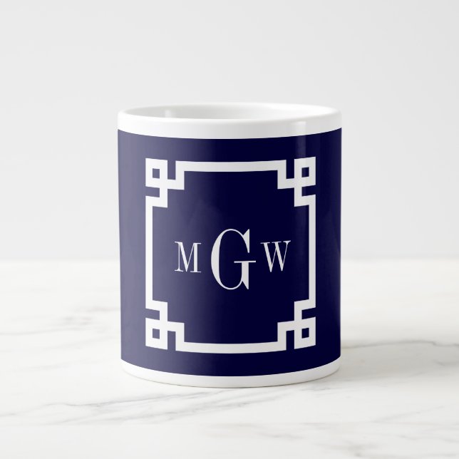 Navy Blue Wht Greek Key #2 Framed 3 Init Monogram Large Coffee Mug (Front)