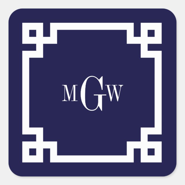Navy Blue Wht Greek Key #2 Framed 3 Init Monogram Square Sticker (Front)