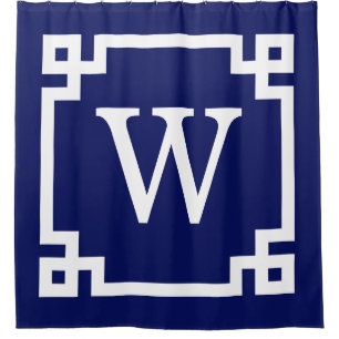 Navy Blue Wht Greek Key #2 Framed Initial Monogram Shower Curtain