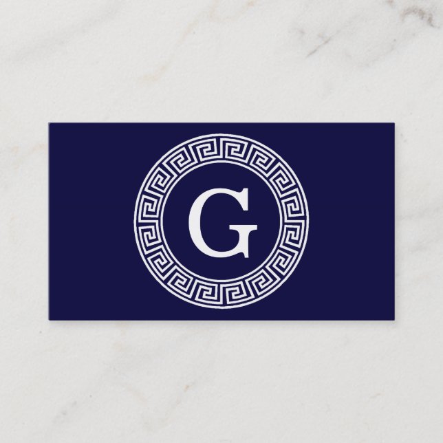 Navy Blue Wht Greek Key Rnd Frame Initial Monogram Business Card (Front)