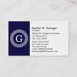 Navy Blue Wht Greek Key Rnd Frame Initial Monogram Business Card