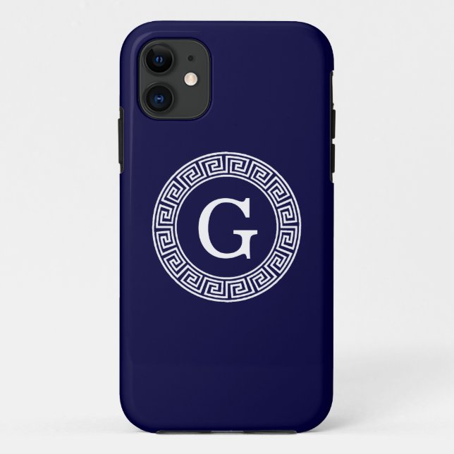 Navy Blue Wht Greek Key Rnd Frame Initial Monogram Case-Mate iPhone Case (Back)