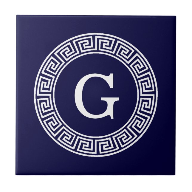 Navy Blue Wht Greek Key Rnd Frame Initial Monogram Ceramic Tile (Front)